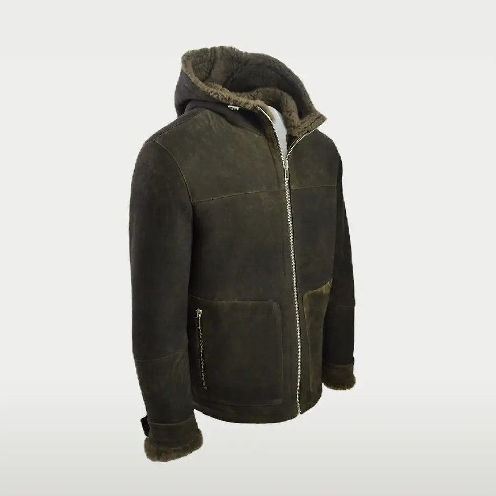 Thumbnail: Men's Distressed Brown Hooded Shearling Jacket side view.