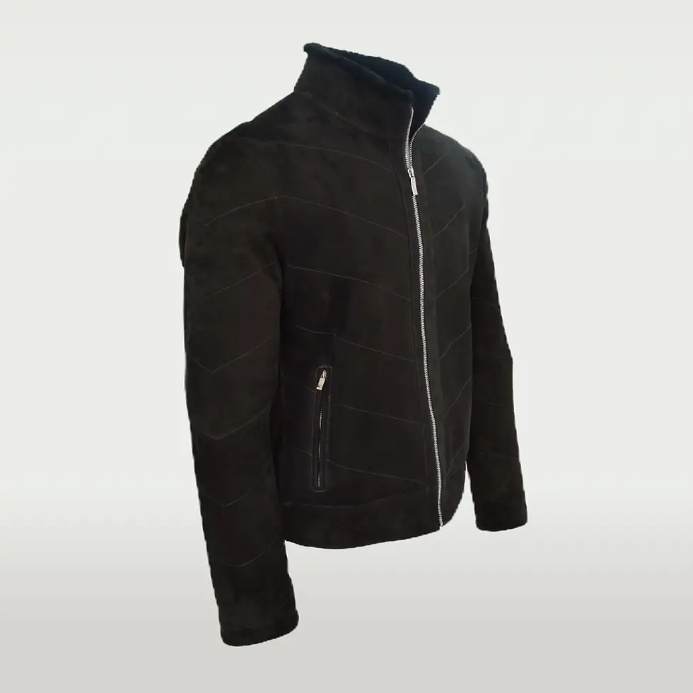 Thumbnail: Men's black shearling jacket side view.
