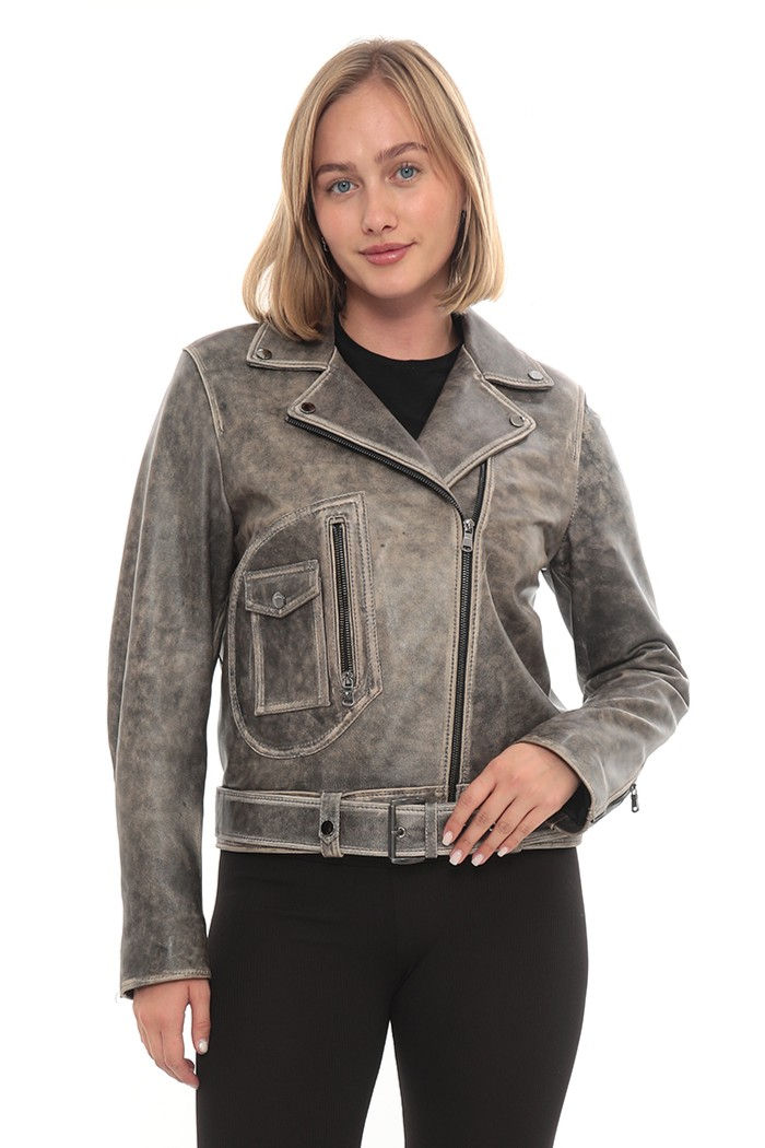 Sandra Distressed Leather Moto Jacket, front view — By Kani.