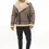 Thumbnail: A man wearing a taupe brown shearling jacket, full view — By Kani.