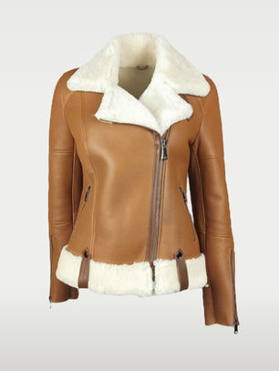 Women's brown shearling jacket front view.