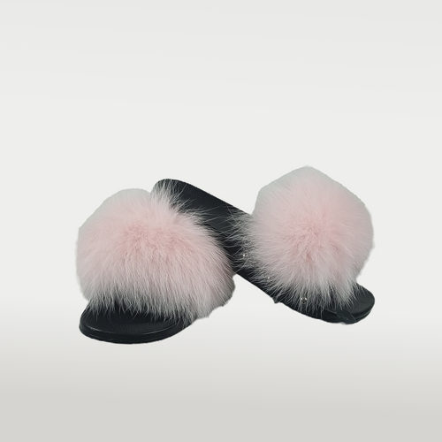 Real Fox Fur Light Pink Fluffy Slippers By Kani Leather