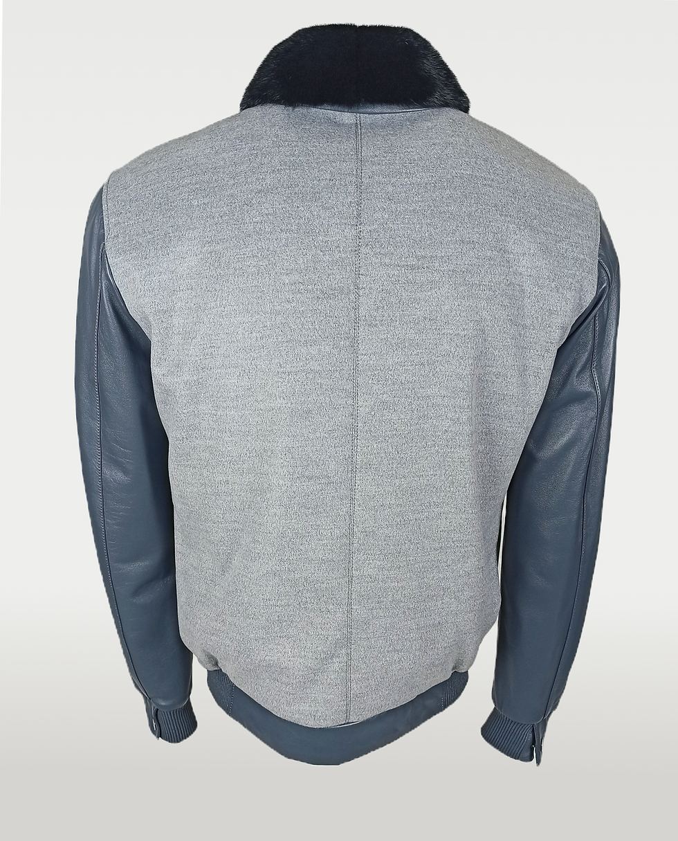 Thumbnail: Leather and Textile Combined Jacket With Mink Fur Collar Back View