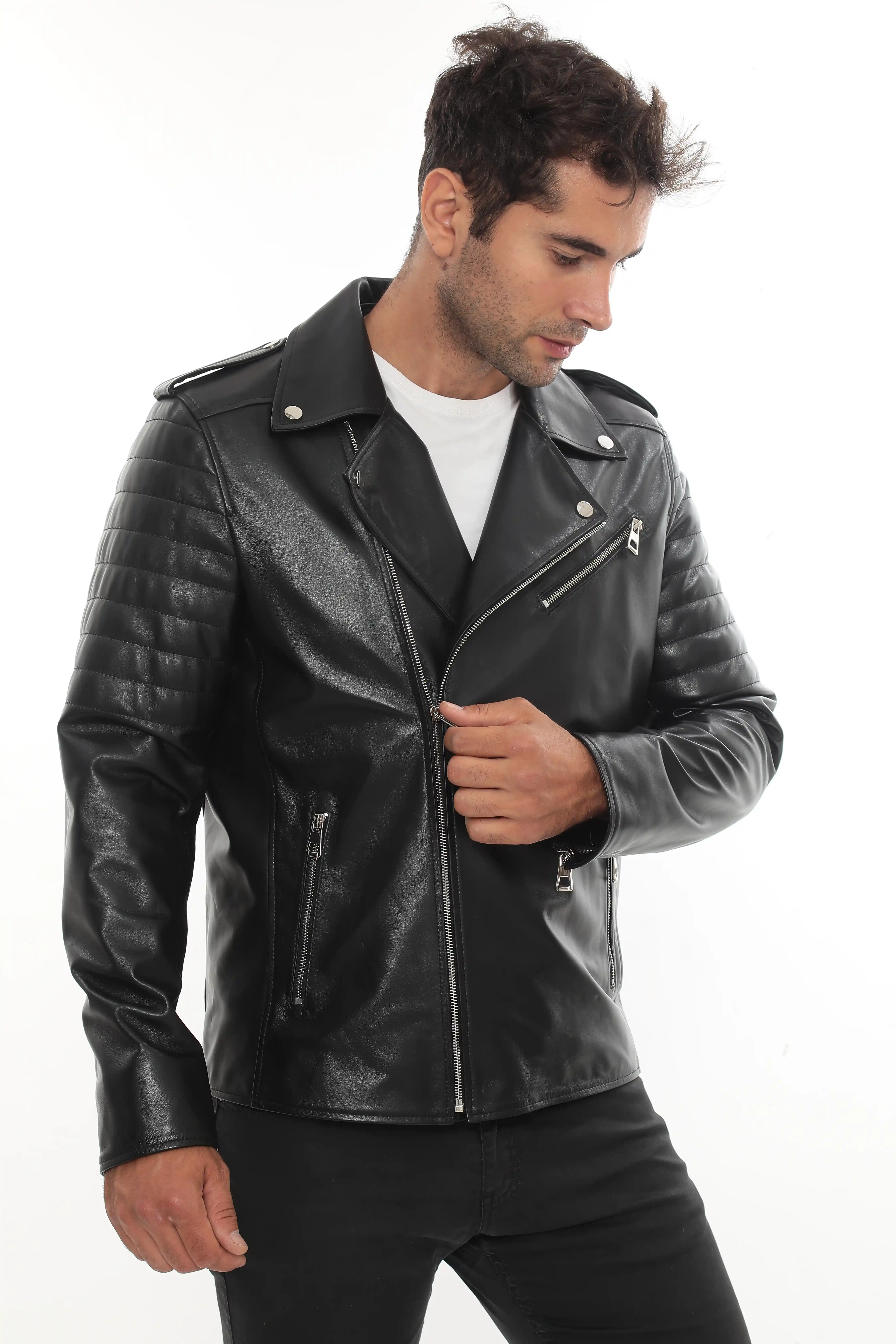 A man wearing a black motorcycle leather jacket, front view - By Kani.