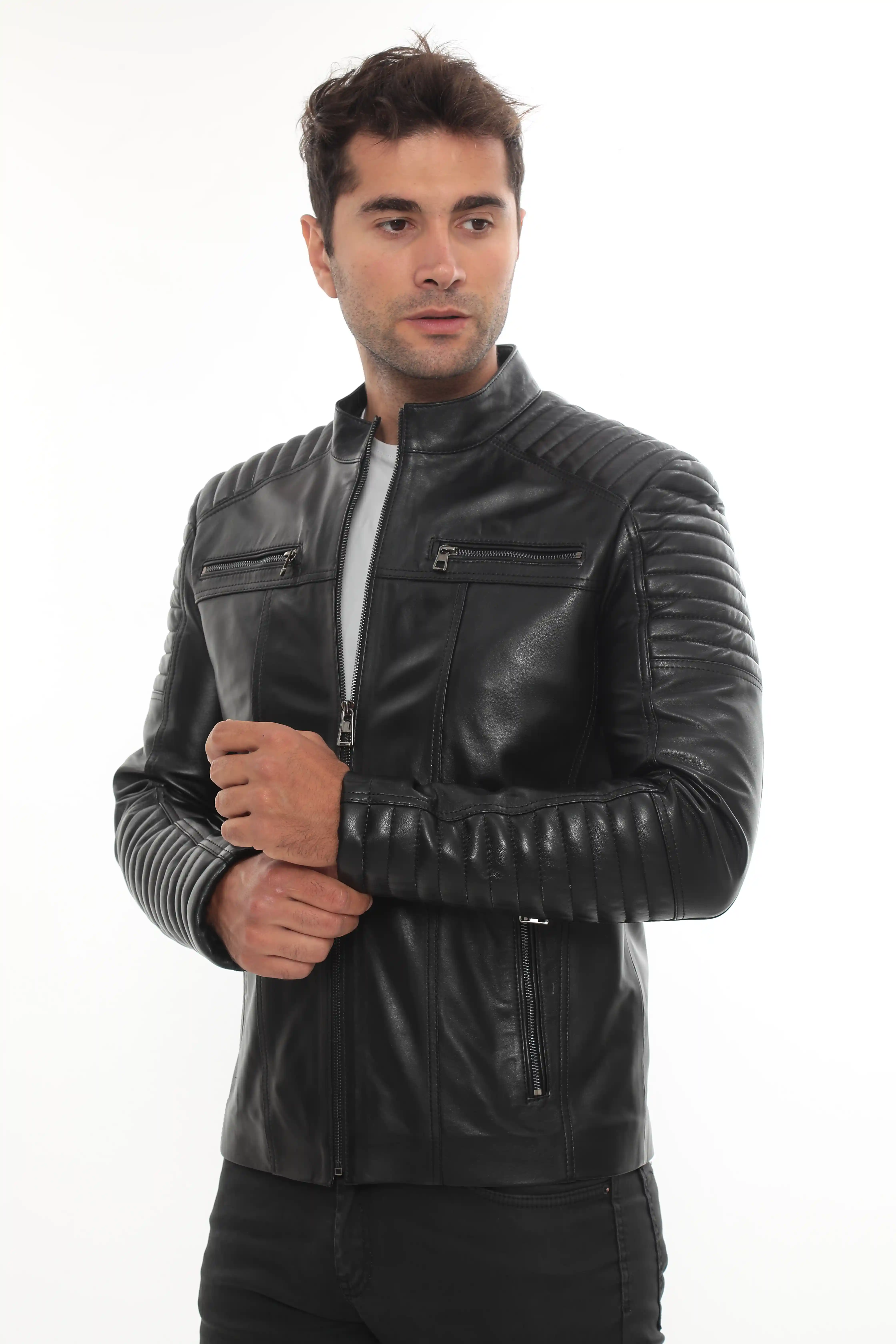 A man wearing a black motorcycle leather jacket, front view - By Kani.