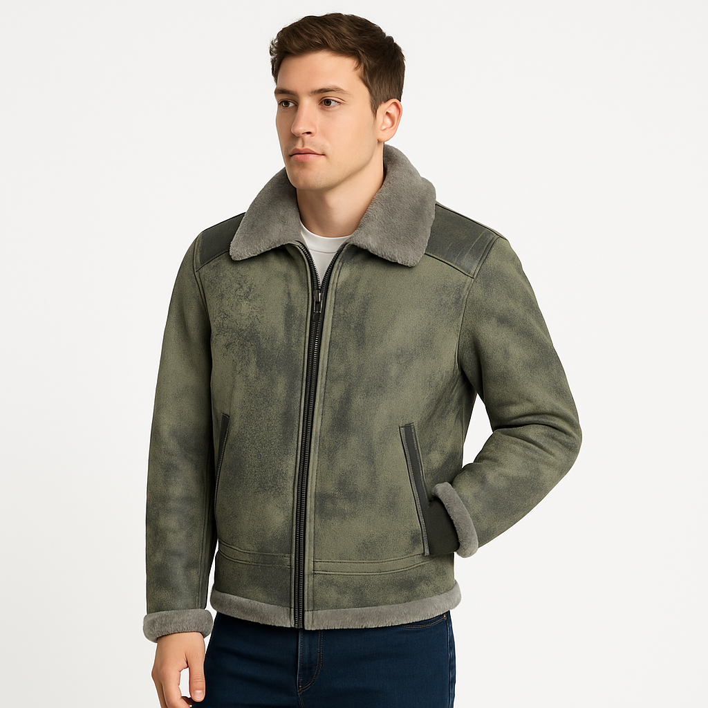 A man wearing a distressed shearling jacket, front view