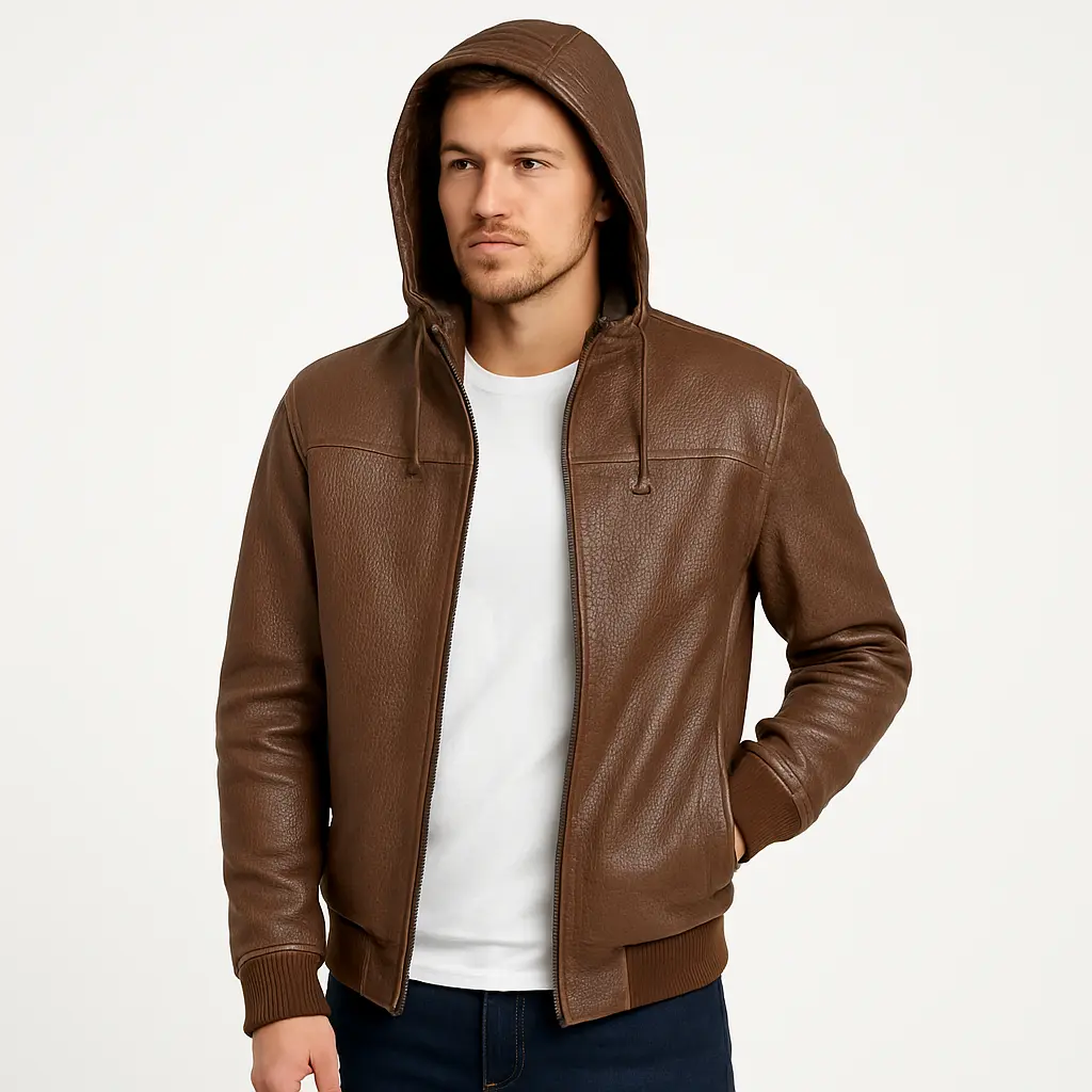 A man wearing a brown leather jacket with hood, front view