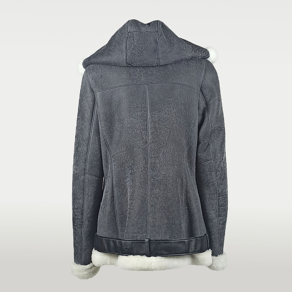 Thumbnail: A shearling biker jacket back view.