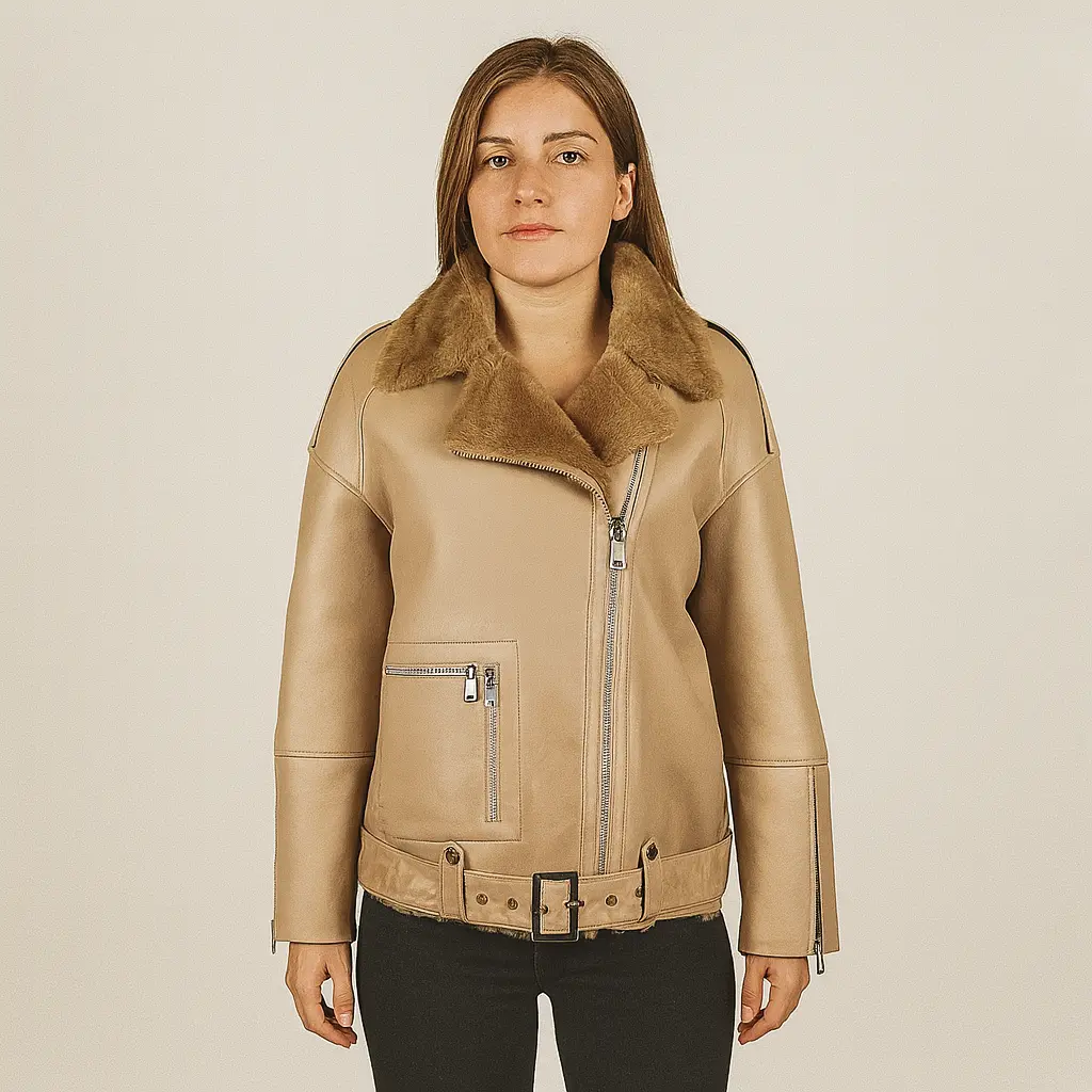 A woman wearing a light brown sheepskin biker jacket, front view