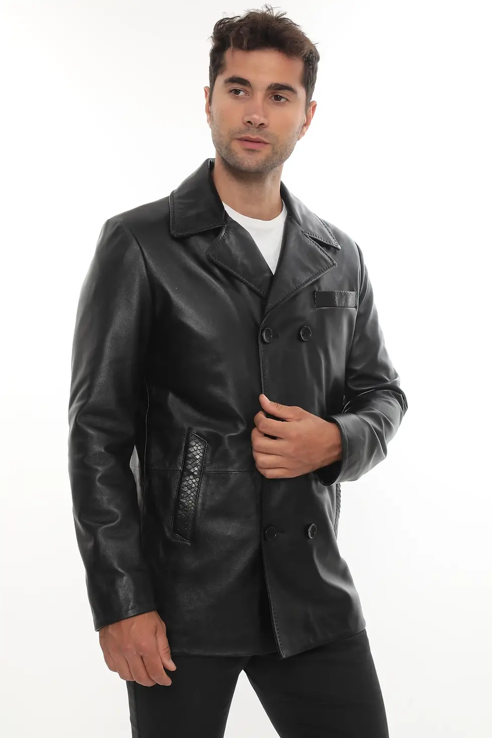 A man wearing double-breasted leather jacket, front view.