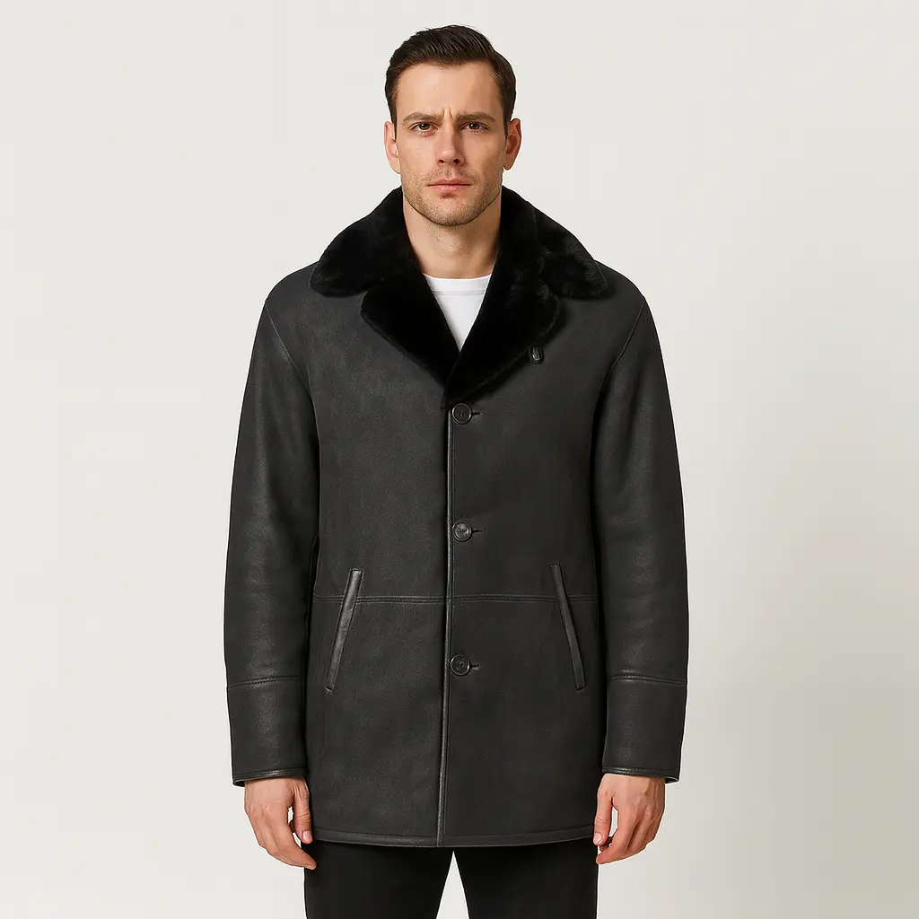 A man wearing a black shearling coat, front view