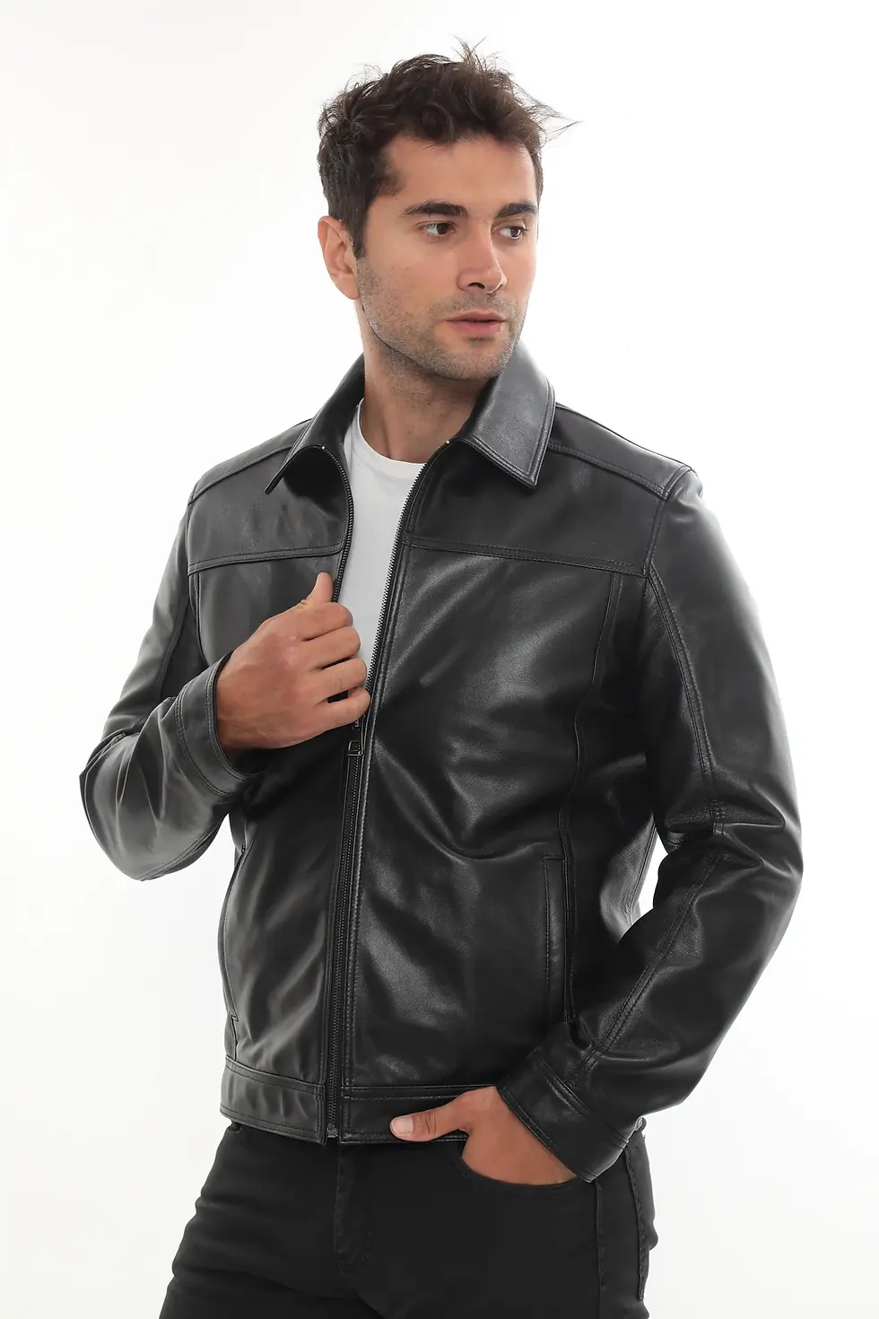 Thumbnail: Raymond Men’s Casual Black Leather Outerwear, sideview — By Kani.