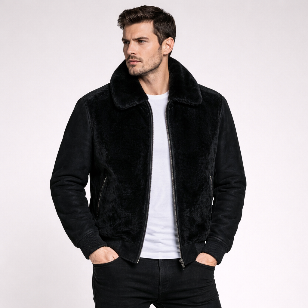 A man wearing a black mouton shearling jacket with mink fur collar, front view