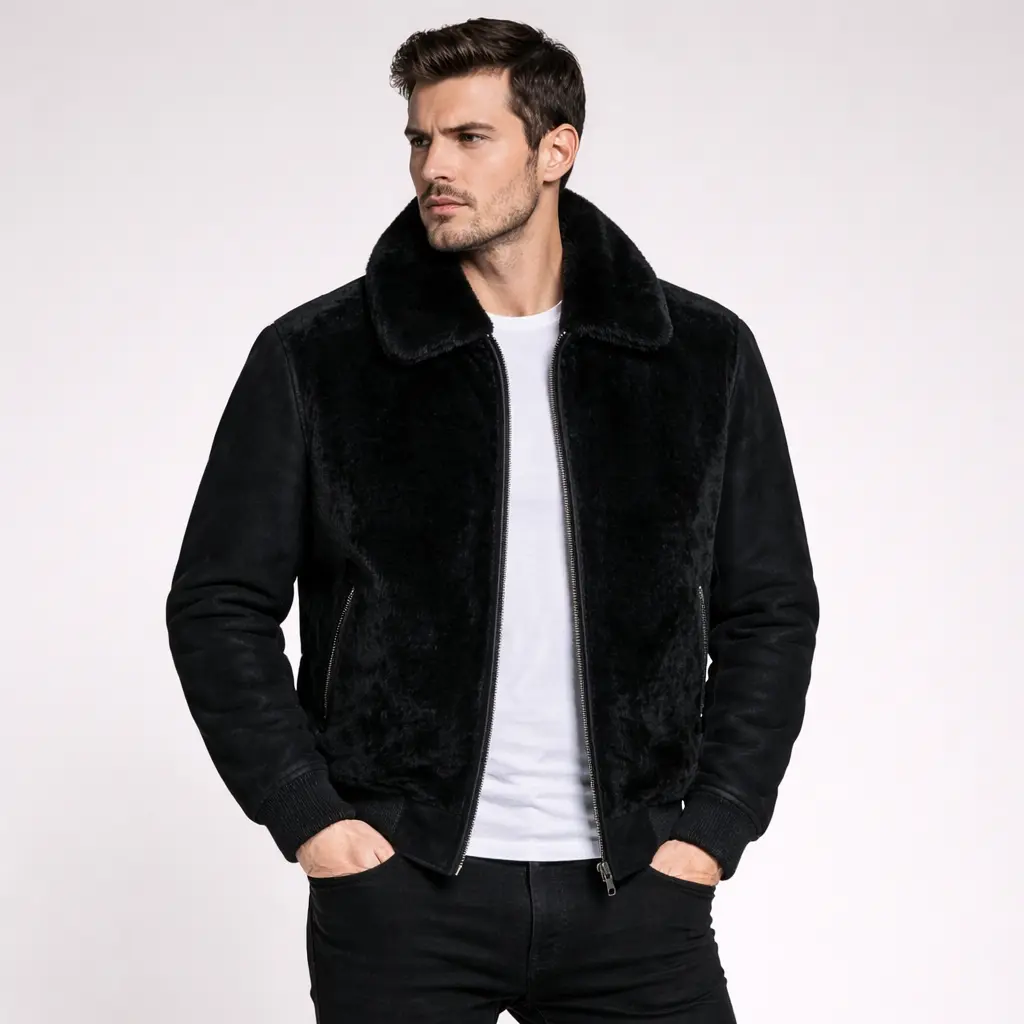 A man wearing a black mouton shearling jacket with mink fur collar, front view