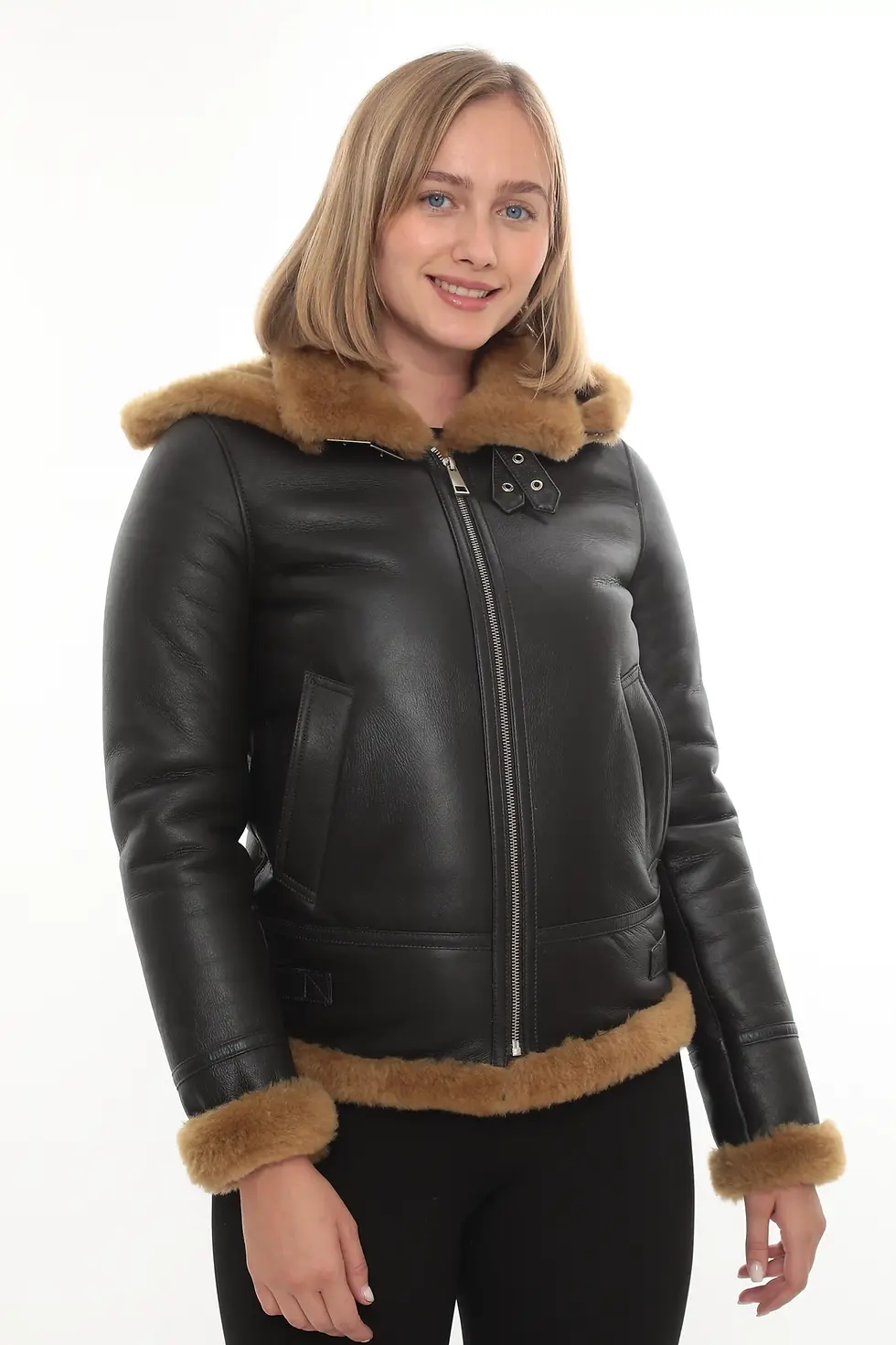 Thumbnail: A woman wearing a brown hooded shearling jacket, front view (2) — By Kani.