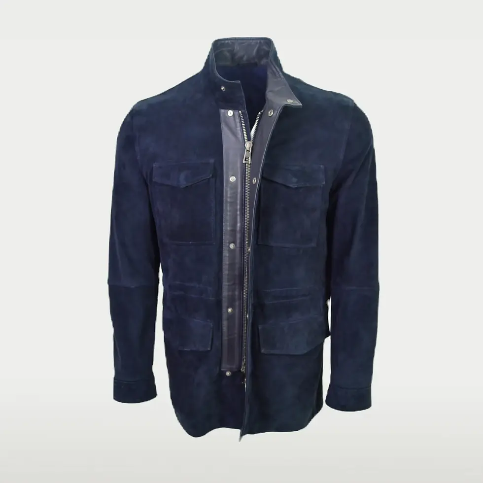 Thumbnail: Men's navy blue suede jacket front view.