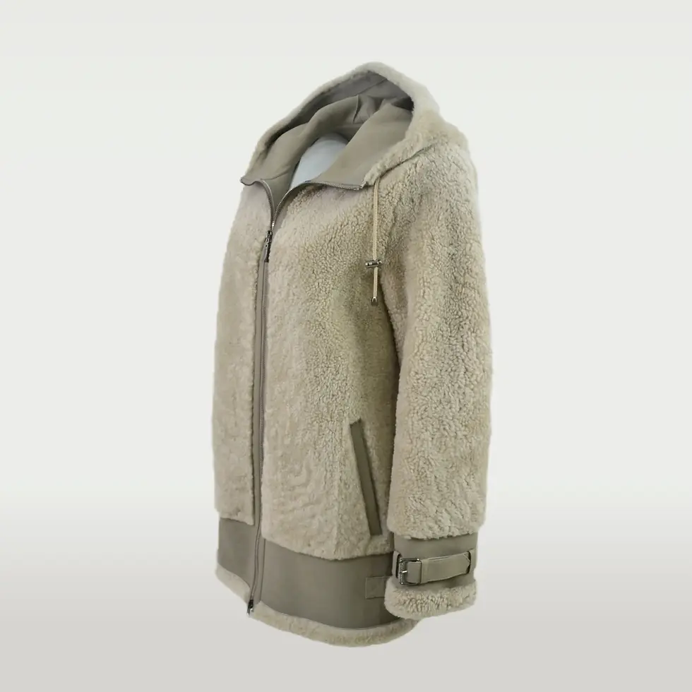 Thumbnail: Women's hooded shearling beige coat side view.