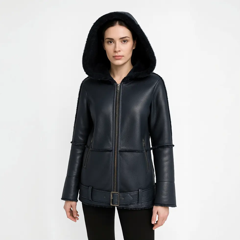 A woman wearing a black sheepskin shearling coat, front view