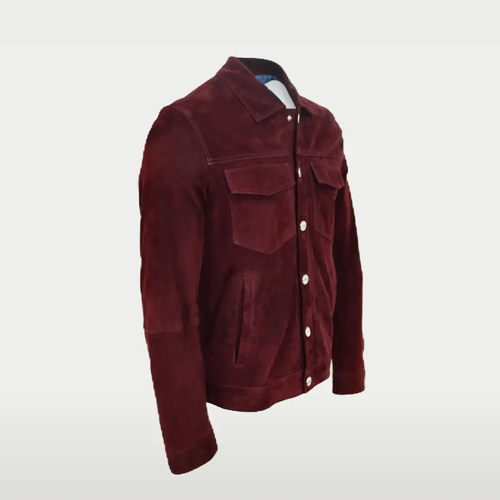 Thumbnail: Men's burgundy suede trucker jacket side view.