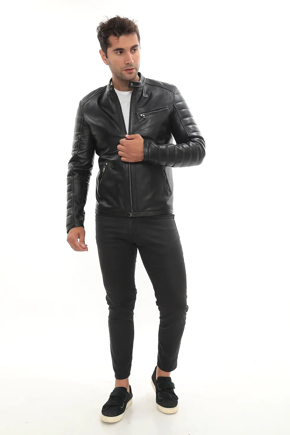 Thumbnail: A man wearing a black leather moto jacket, full view — By Kani.