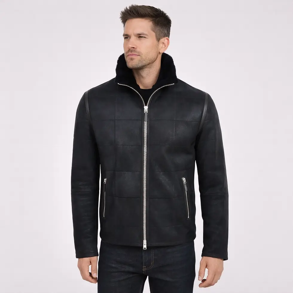 A man wearing a black shearling jacket, front view