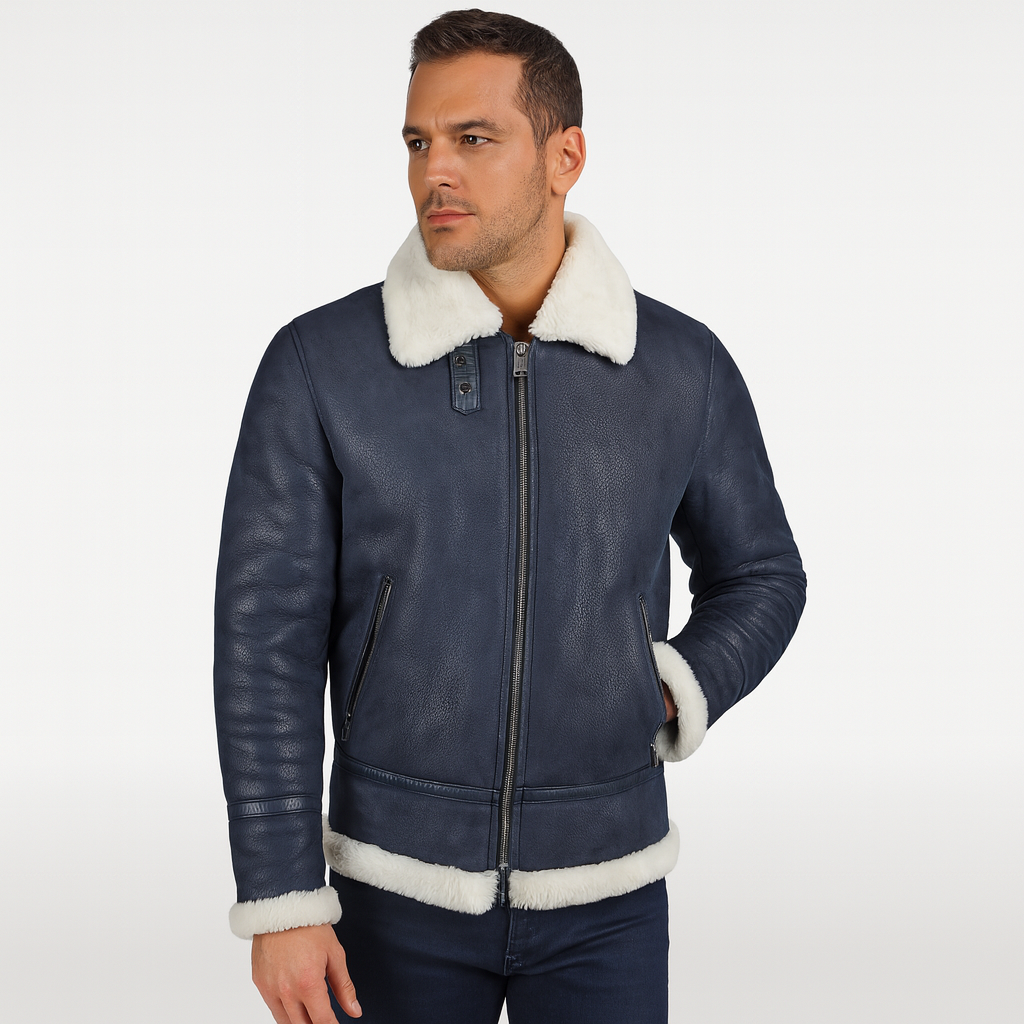A man wearing navy blue shearling bomber jacket, front view