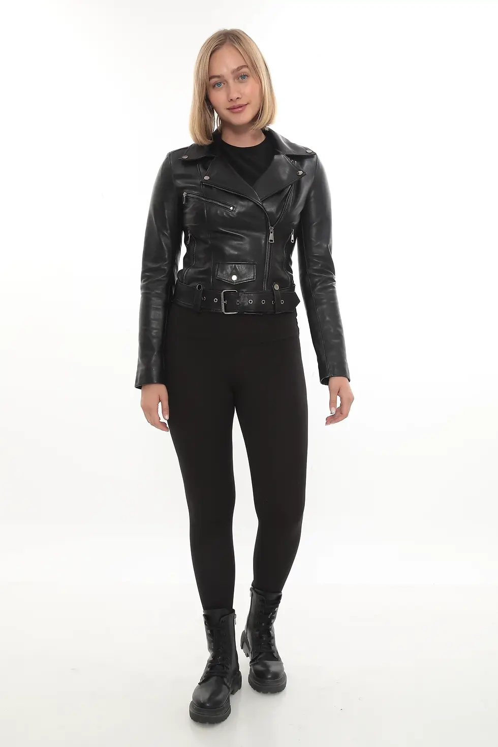 Thumbnail: Angela Black Leather Biker Jacket, full view — By Kani.