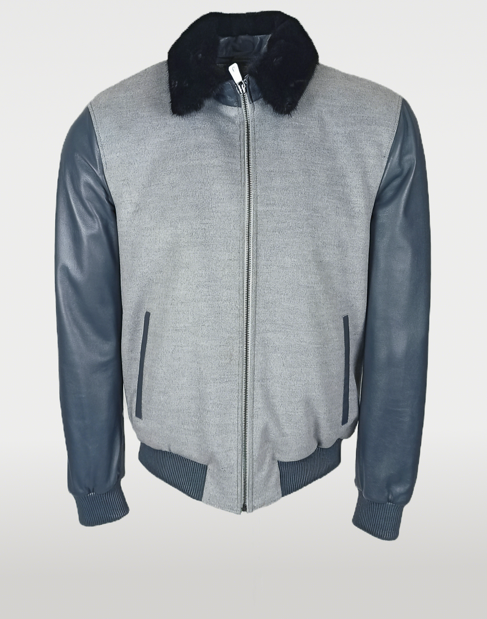 Leather and Textile Combined Jacket With Mink Fur Collar Front View
