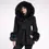 Thumbnail: A woman wearing a black wool coat with fox fur trim, front view