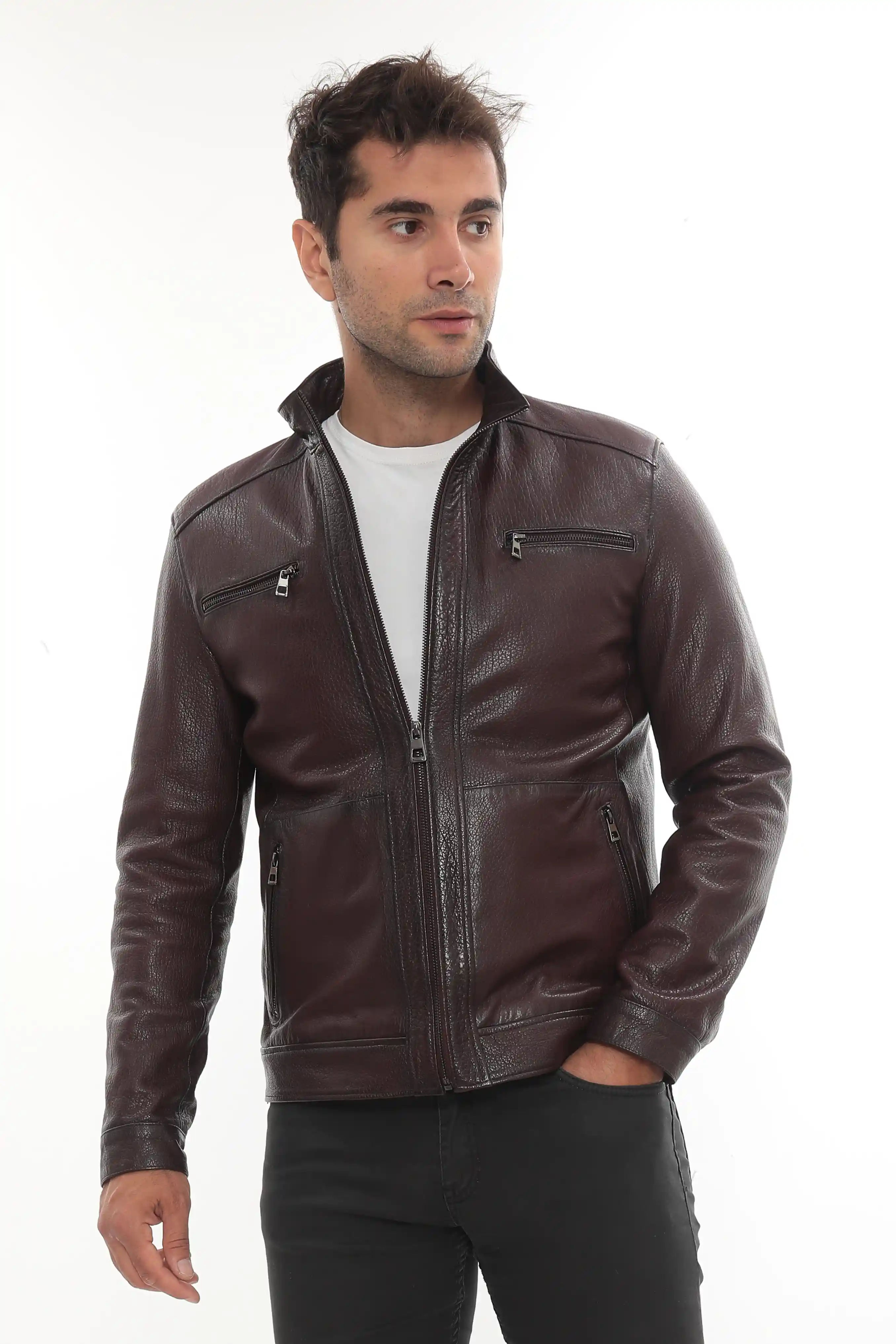 A man wearing a brown motorcycle leather jacket, front view - By Kani.