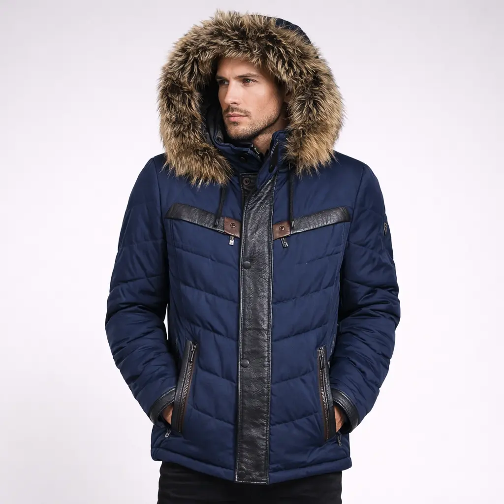 A man wearing a puffer parka coat with raccoon fur hood and leather trim, front view