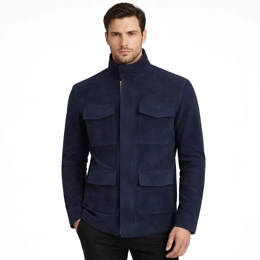 A man wearing a navy blue suede jacket, front view