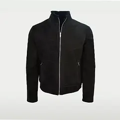 Men's black shearling jacket front view.