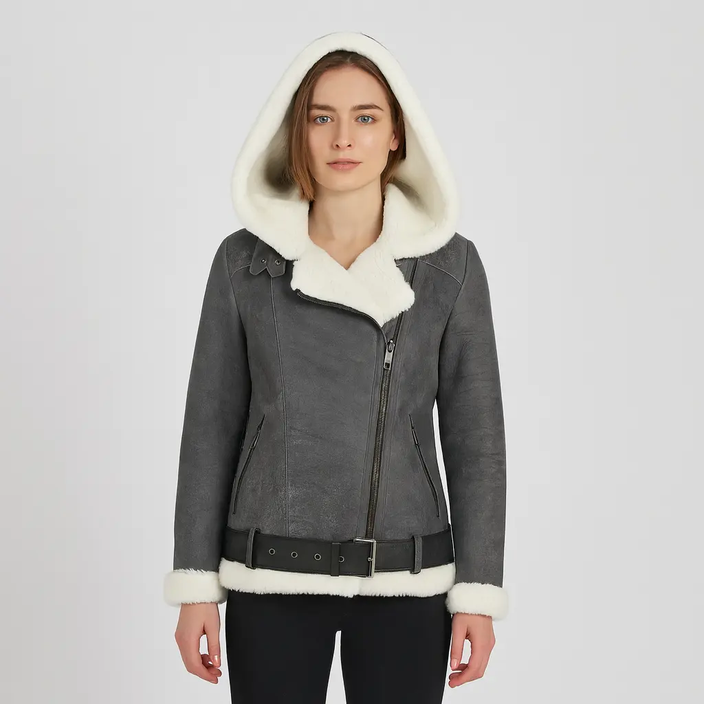 A woman wearing a shearling biker jacket with hood, front view