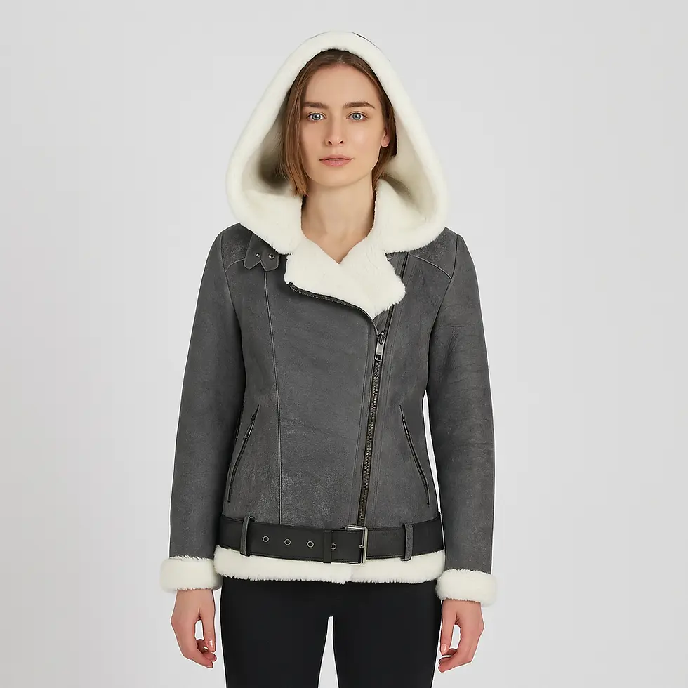 A woman wearing a shearling biker jacket with hood, front view