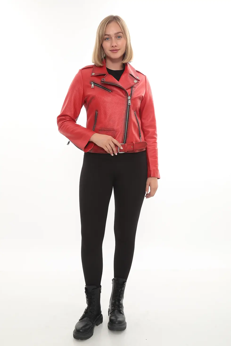 Thumbnail: A woman wearing a red leather biker jacket, full view — By Kani.
