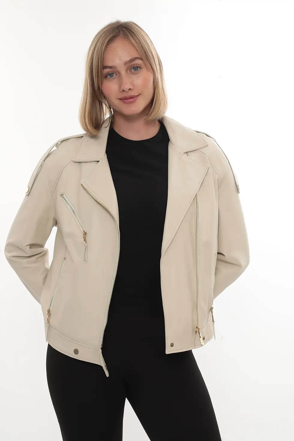 Thumbnail: A woman wearing a beige leather jacket, front view (2) — By Kani.