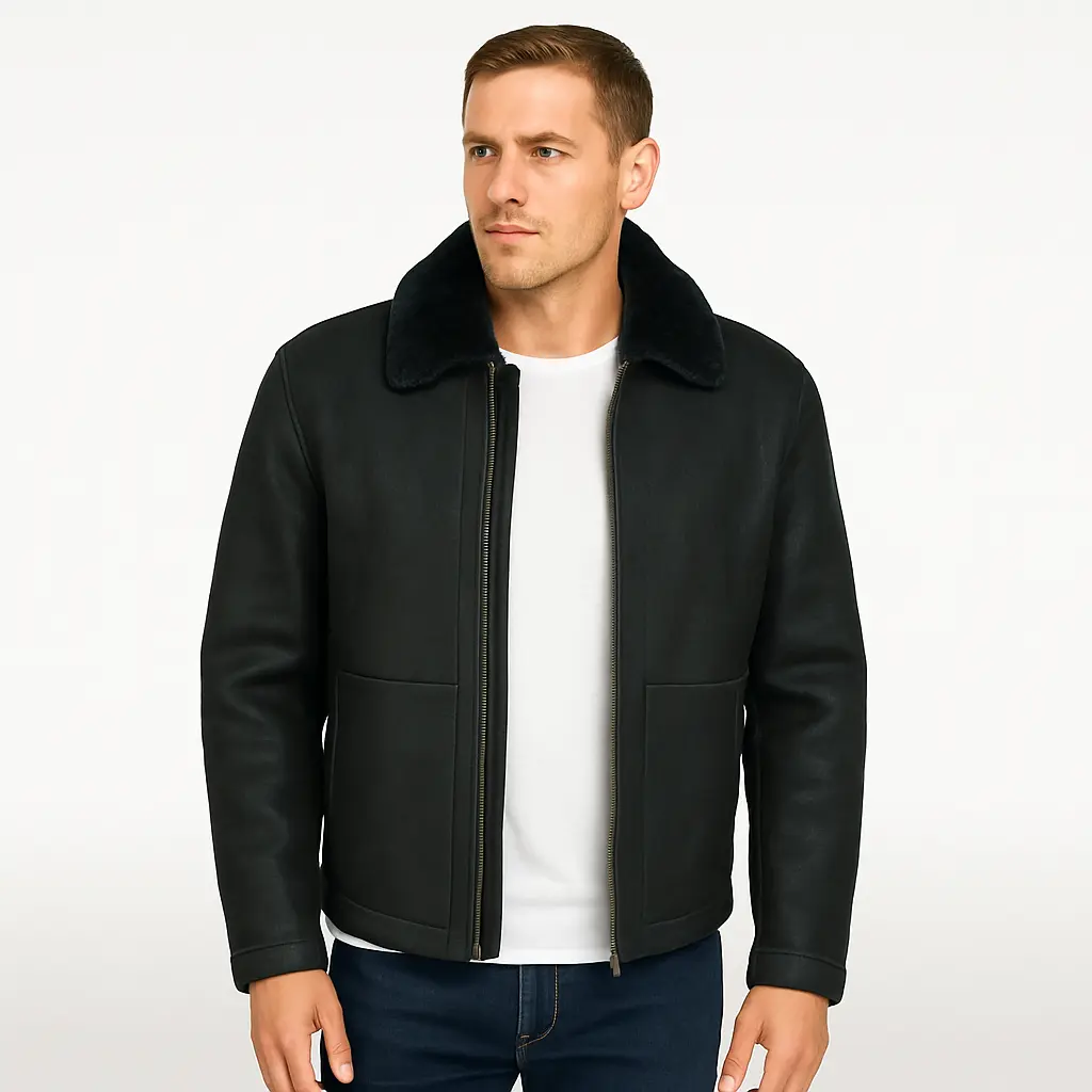 A man wearing a black shearling jacket, front view