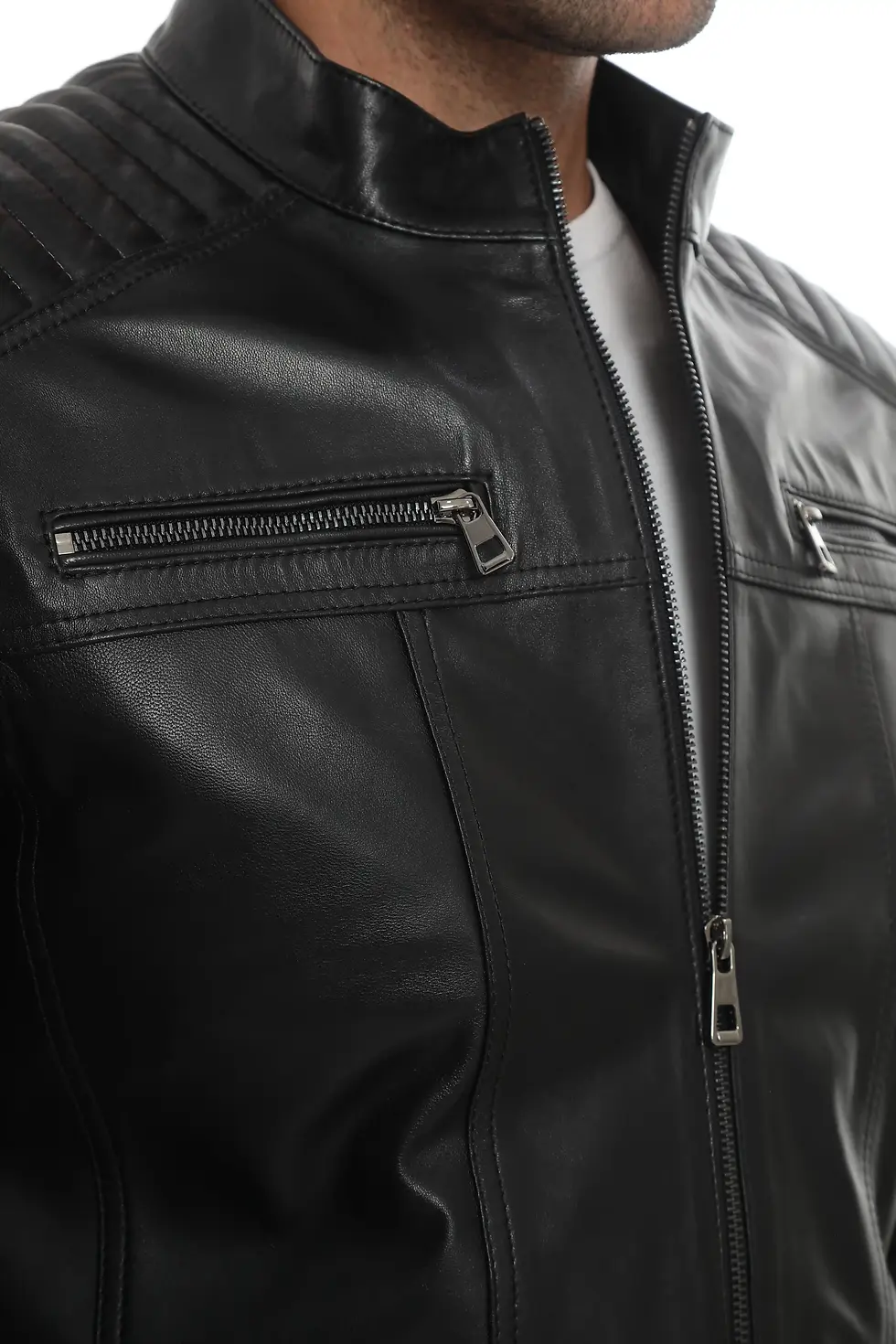 Thumbnail: Ronin stylish black leather moto jacket for men, close up view — By Kani.