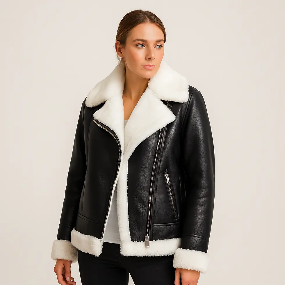 A woman wearing a black shearling biker jacket, front view