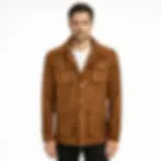 A man wearing a brown suede safari jacket, front view