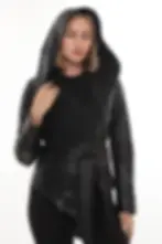 A woman wearing a black hooded leather jacket, front view (1) — By Kani.