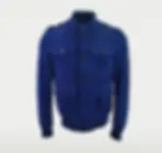 A blue men's suede bomber jacket front view.