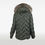 Thumbnail: A green puffer jacket with fox fur trim back view.