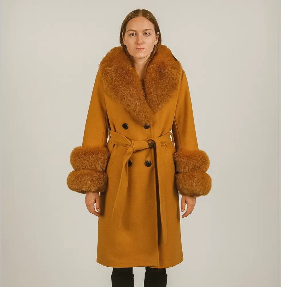 A woman wearing a brown wool coat with fox fur trim, front view