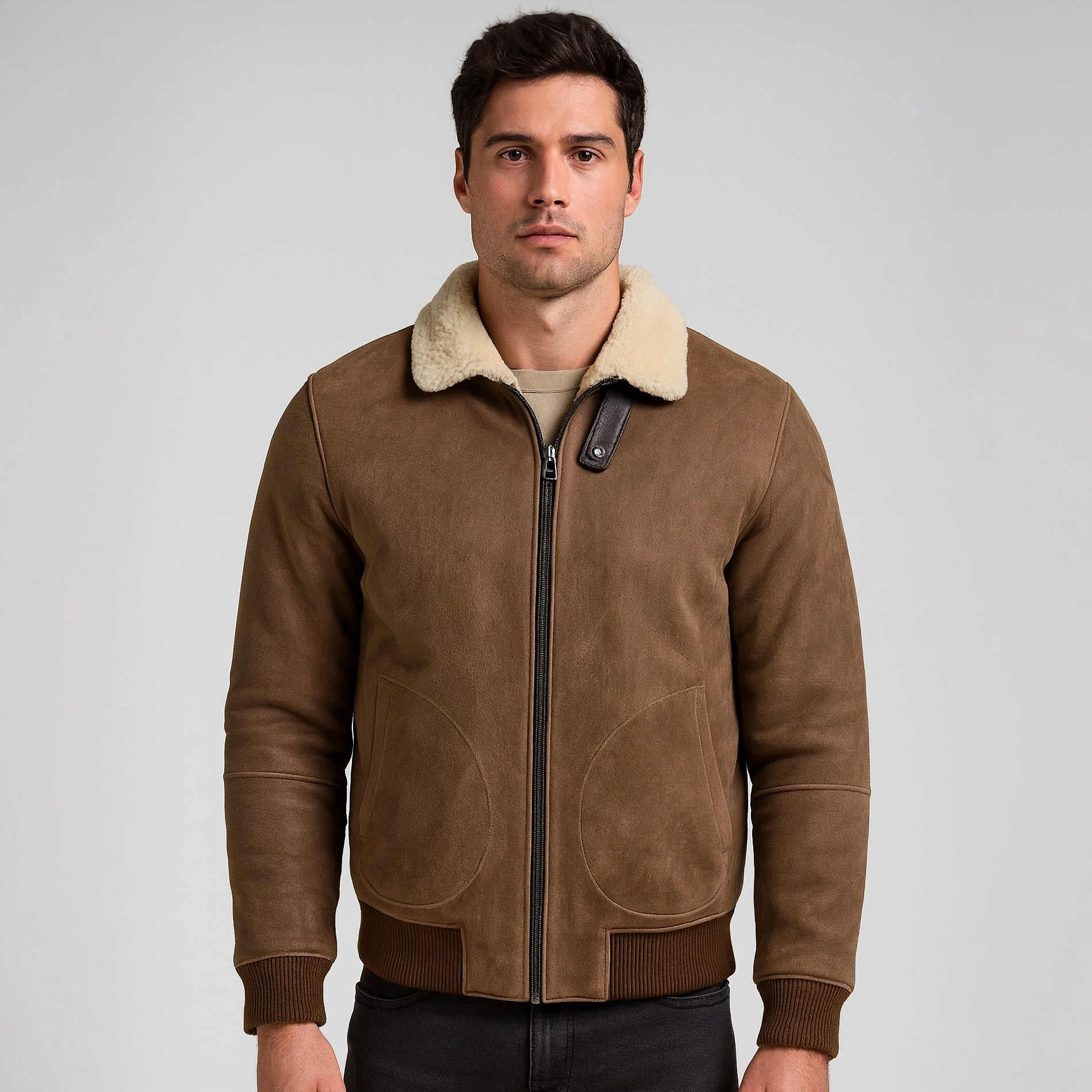 A man wearing a beige shearling bomber jacket, front view
