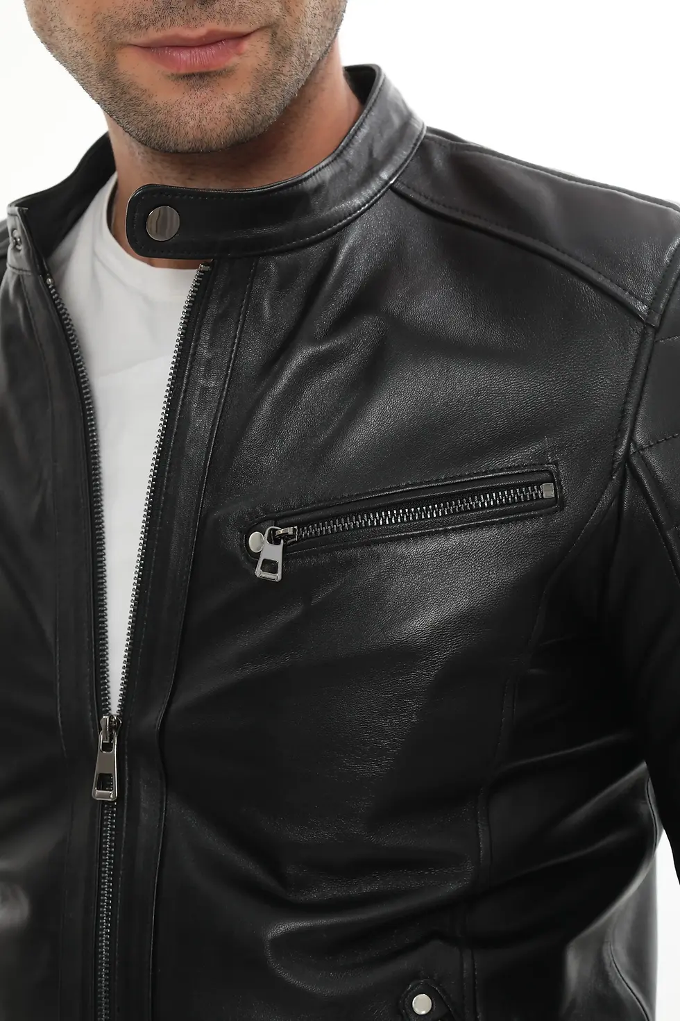 Thumbnail: A man wearing a black leather moto jacket, close up view — By Kani.