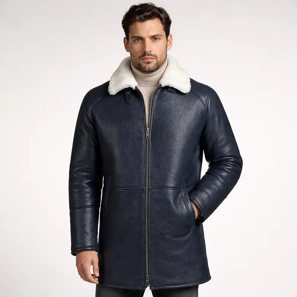 A man wearing a long navy blue shearling coat with white fur collar, front view