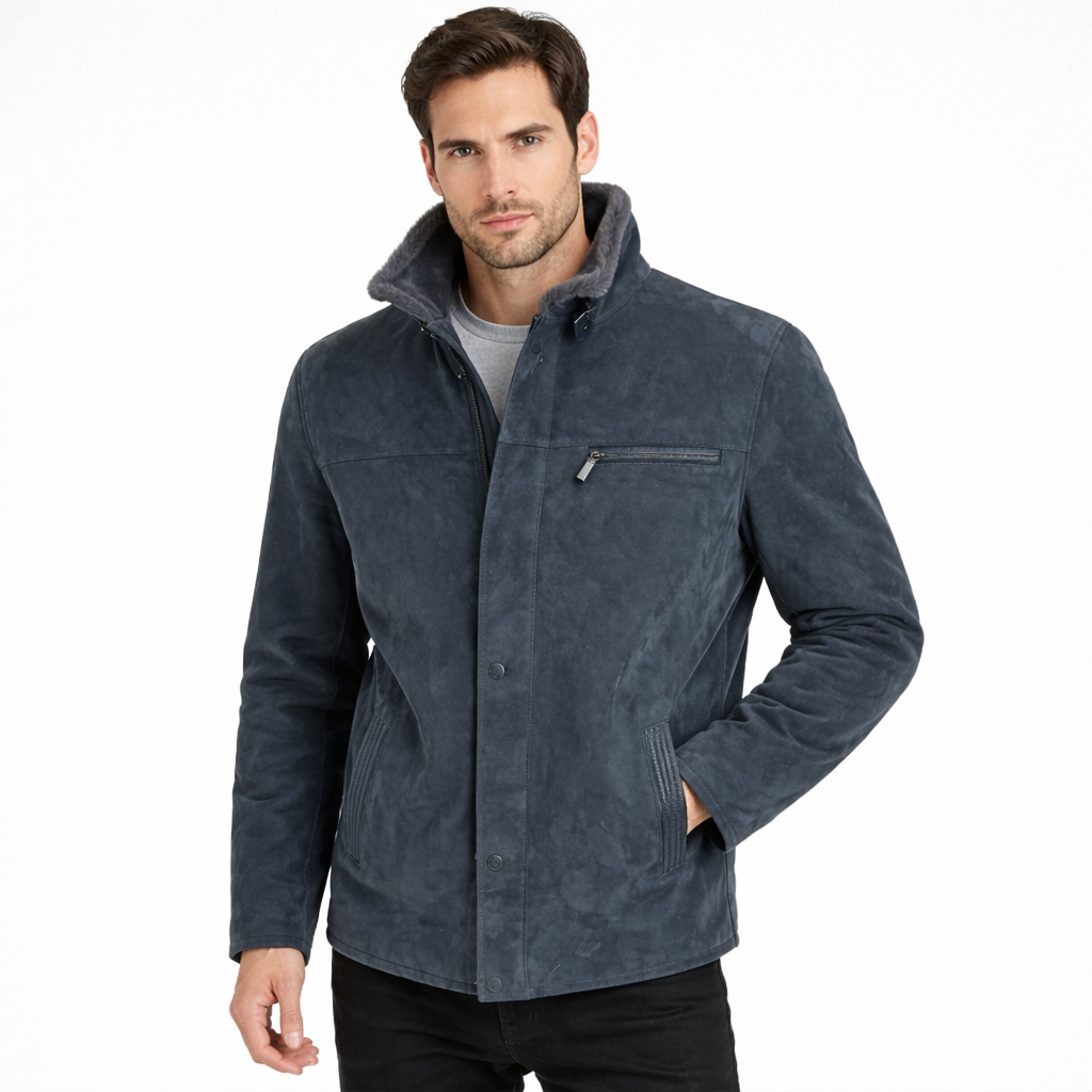 A man wearing a blue shearling coat, front view