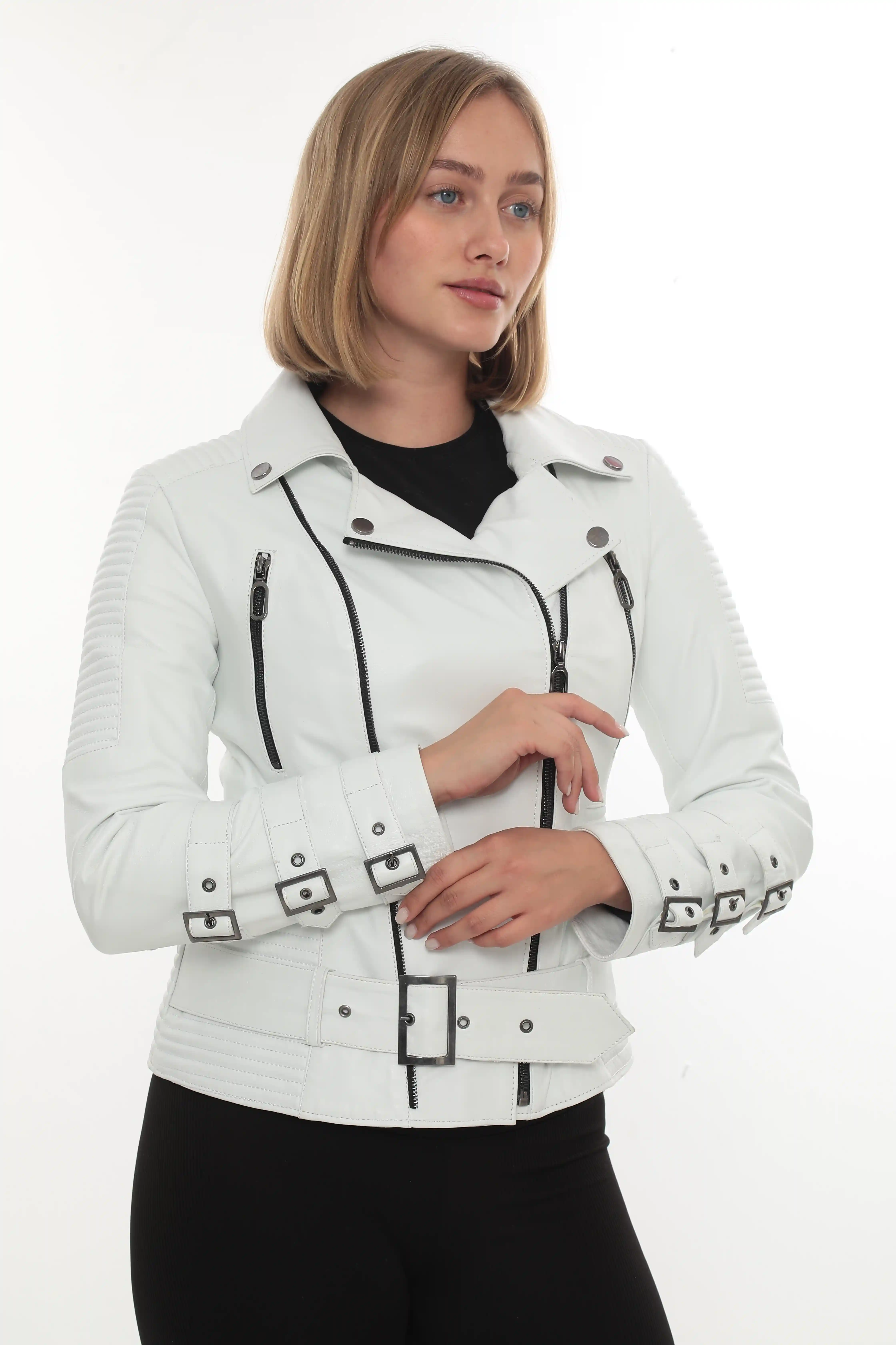 A woman wearing a white motorcycle leather jacket, front view - By Kani.